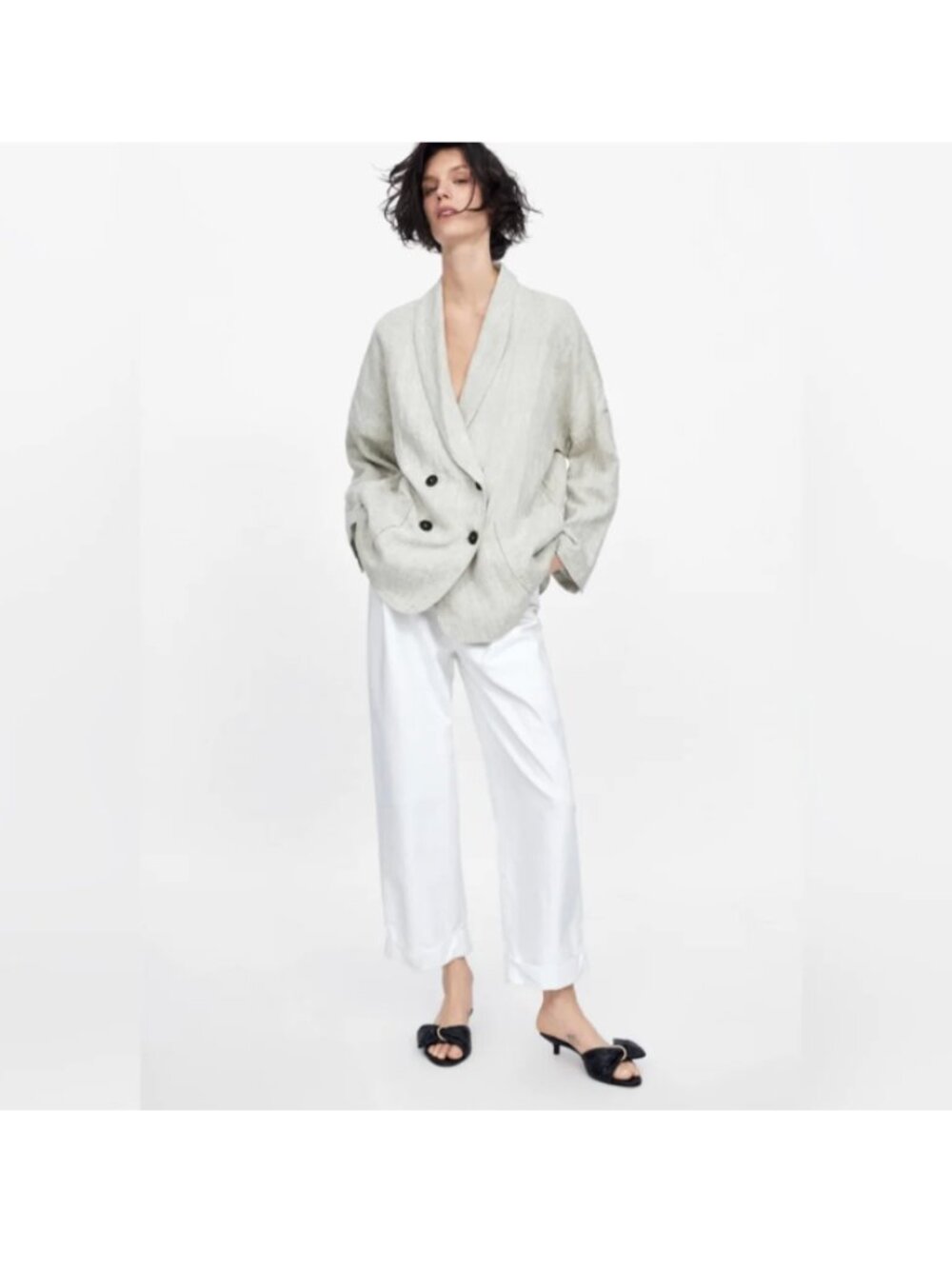 Zara Womens Beige Linen Blazer M Oversized Double Breasted Coastal Preppy Beach
